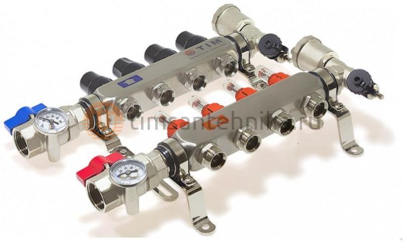 Коллектор из нержавеющей стали для теплых полов с расходомерами TIM 1 - 3/4" Евроконус - 7 выходов ПОЛНЫЙ КОМПЛЕКТ: краны + концевой элемент KAS5007
