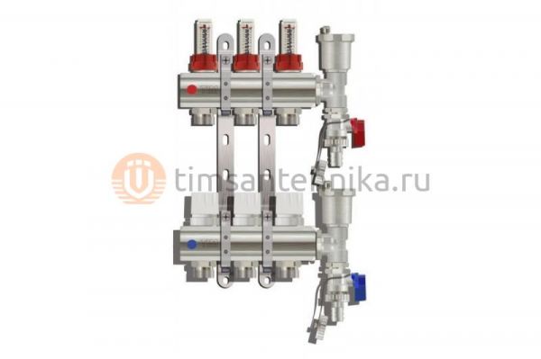Коллектор для теплых полов с расходомерами TIM 1 - 3/4" Евроконус - 3 выхода + концевой элемент KC003