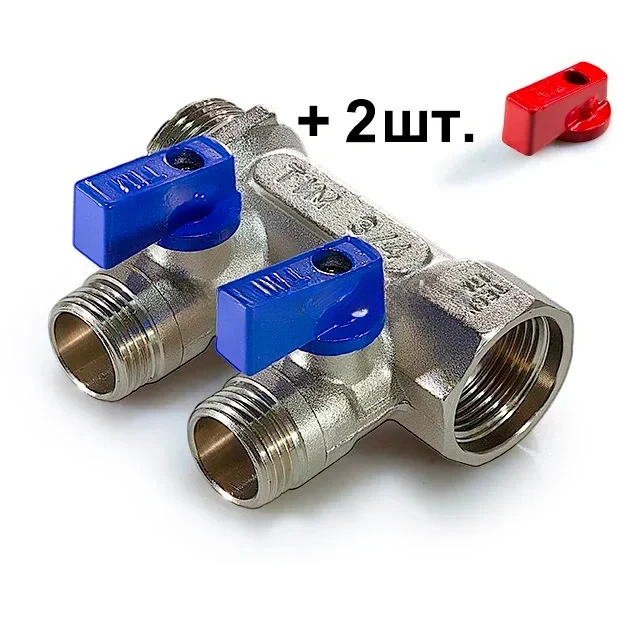 Коллектор TIM с шаровыми кранами 3/4x1/2 на 2 выхода, красные и синие ручки MV-3/4-N-2