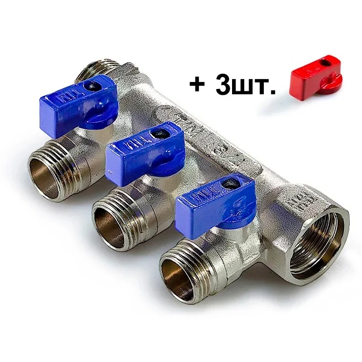 Коллектор TIM с шаровыми кранами 3/4x1/2 на 3 выхода, красные и синие ручки MV-3/4-N-3