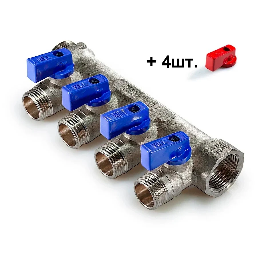 Коллектор TIM с шаровыми кранами 3/4x1/2 на 4 выхода, красные и синие ручки MV-3/4-N-4